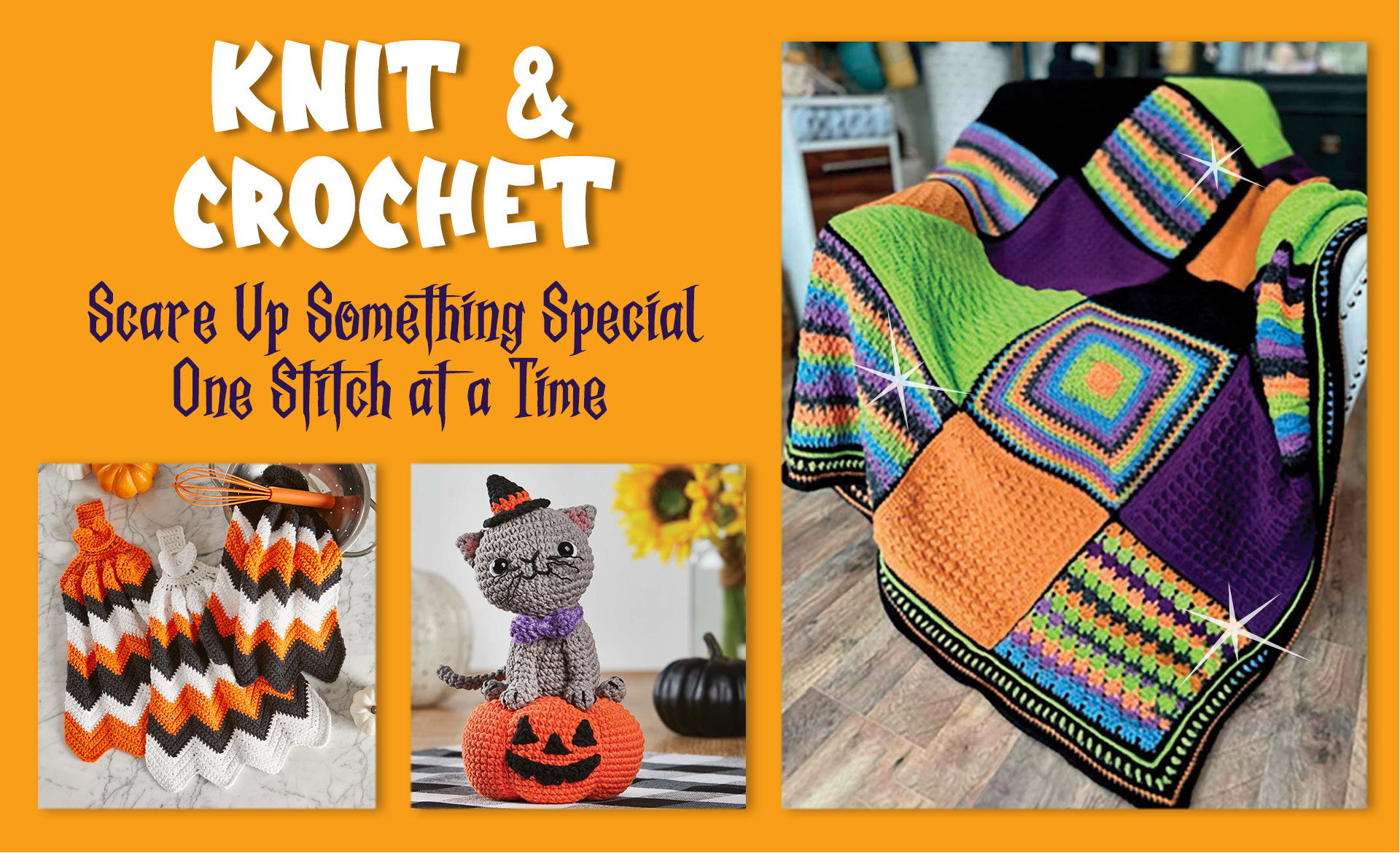 Knit and crochet promotion with colorful blankets and Halloween-themed items.