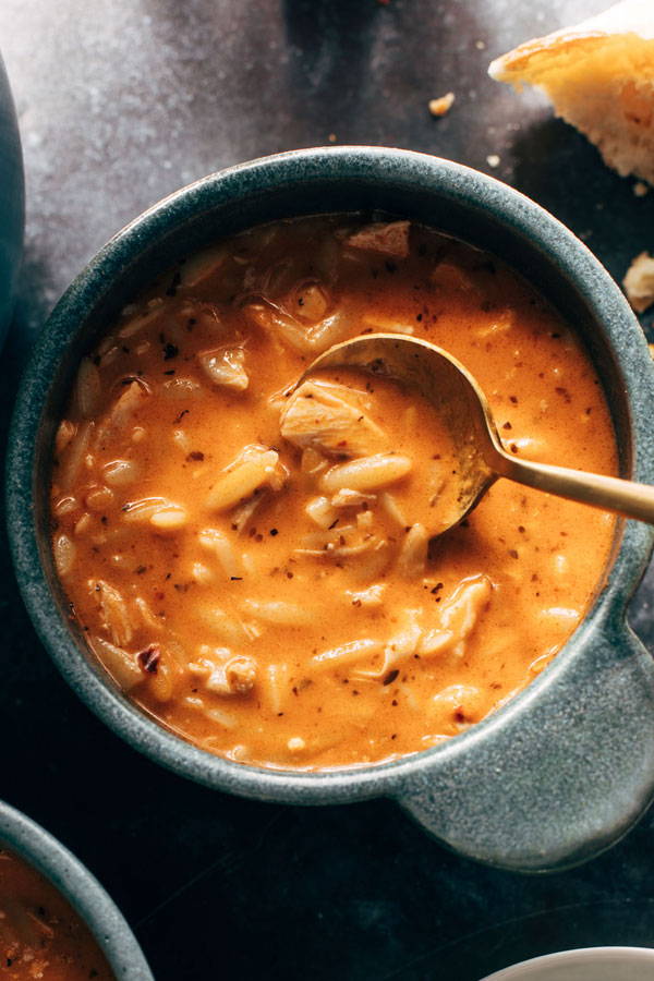 Tomato soup with chicken and orzo.