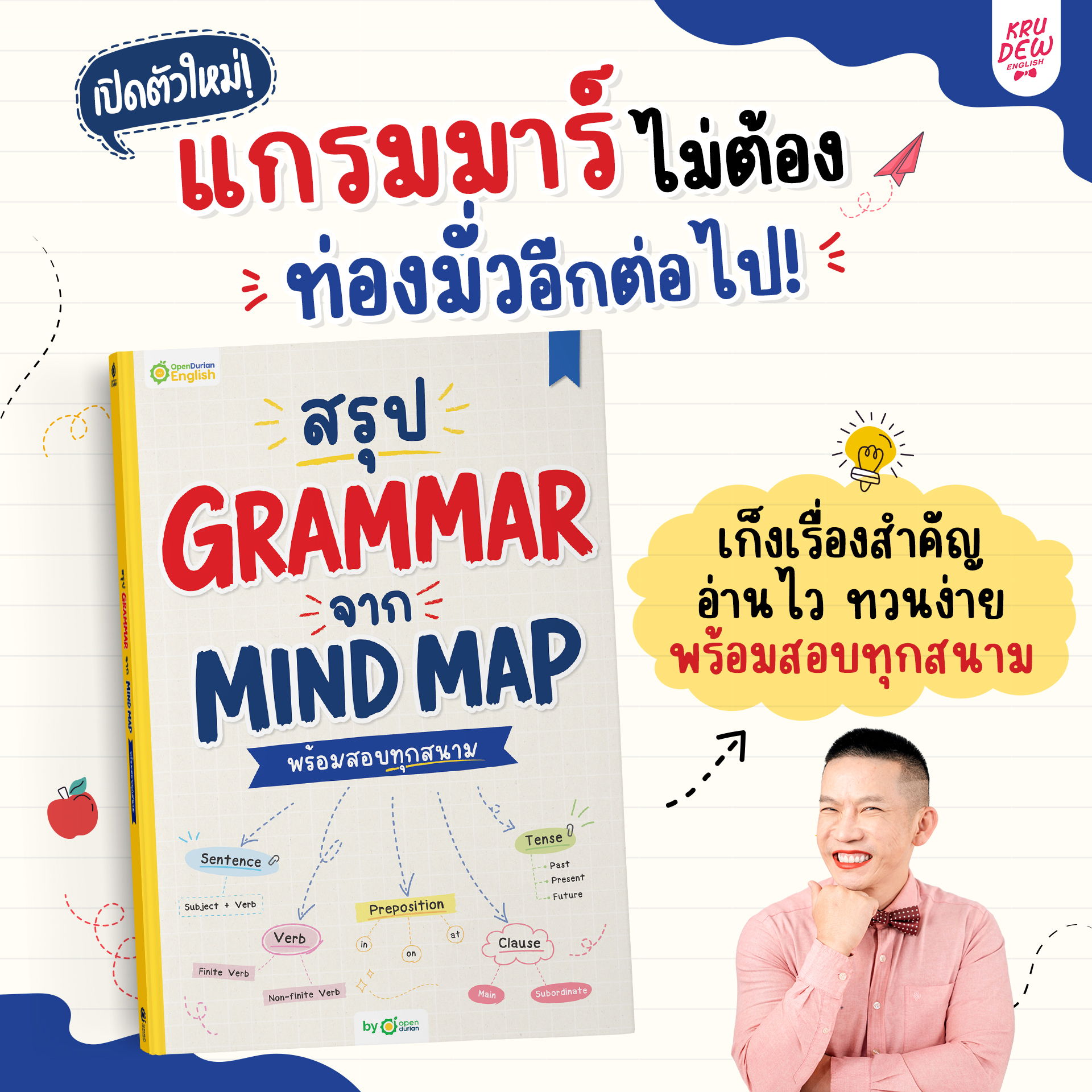 Grammar mind map book with a smiling person and colorful design elements.