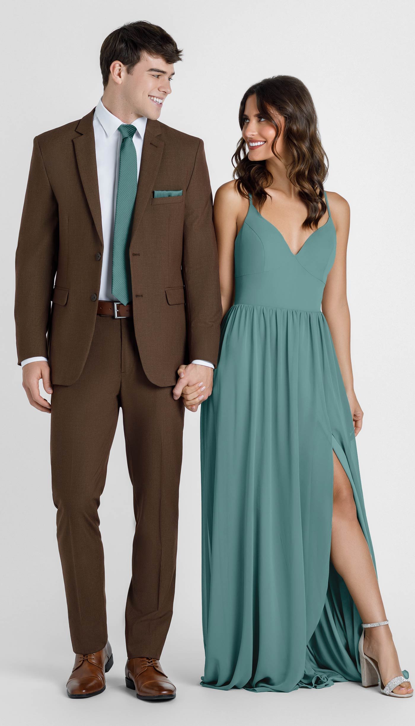 Cocoa Suit with Deep Sea Bridesmaid Dress