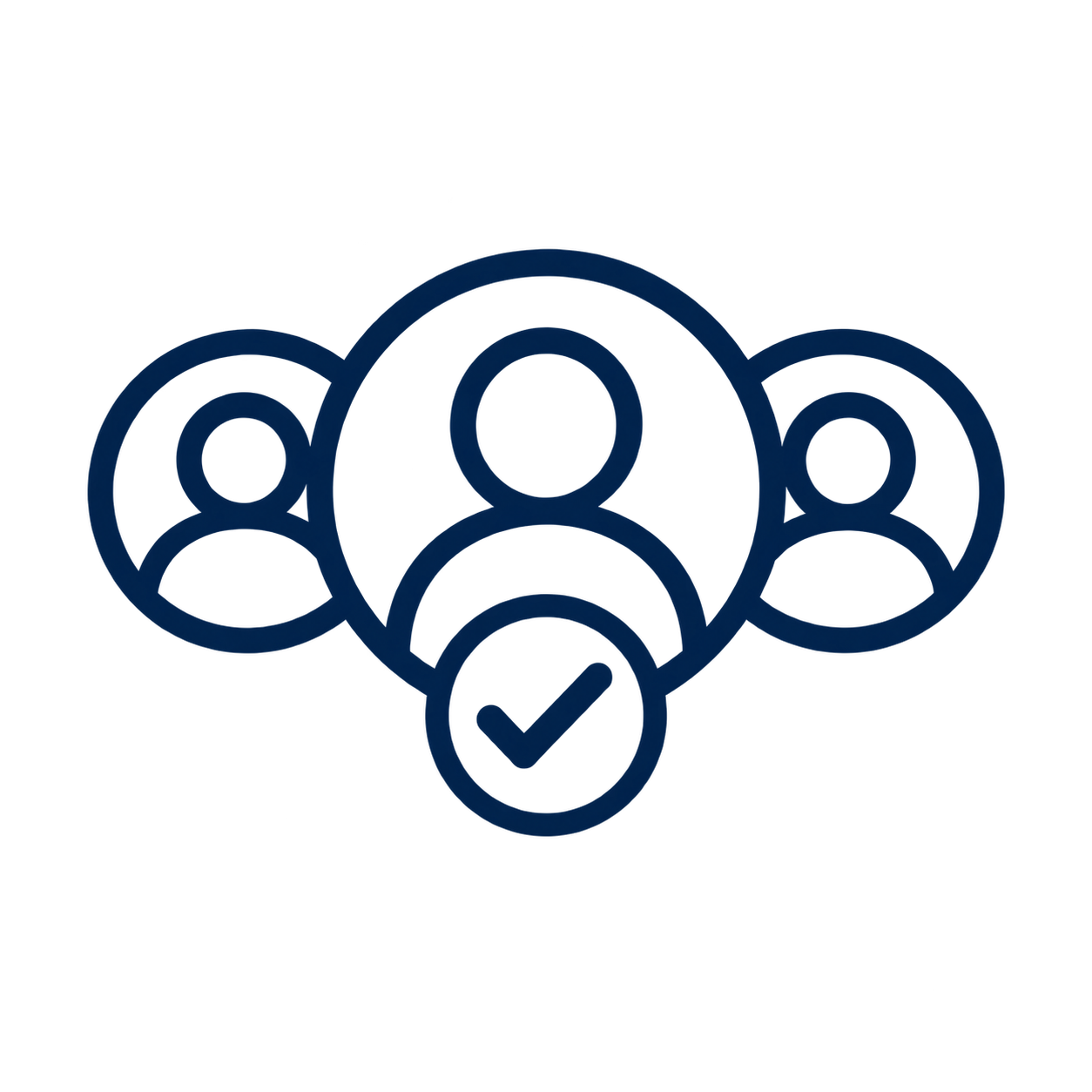 Icon representing user verification with multiple user silhouettes and a checkmark.