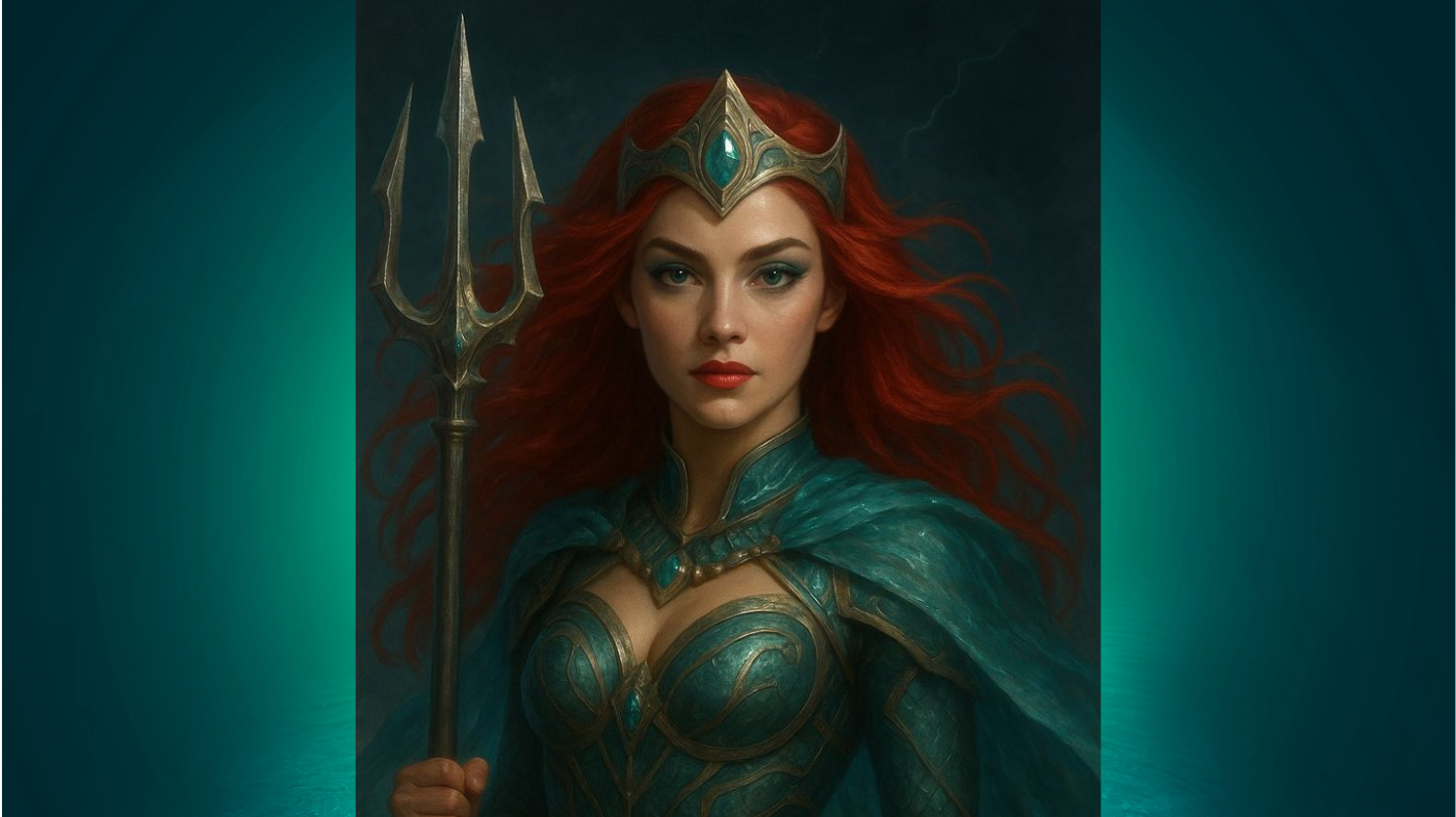 Illustration of Atlantean royalty inspired by Princess Mera, featuring oceanic armor, regal design, and underwater fantasy aesthetic