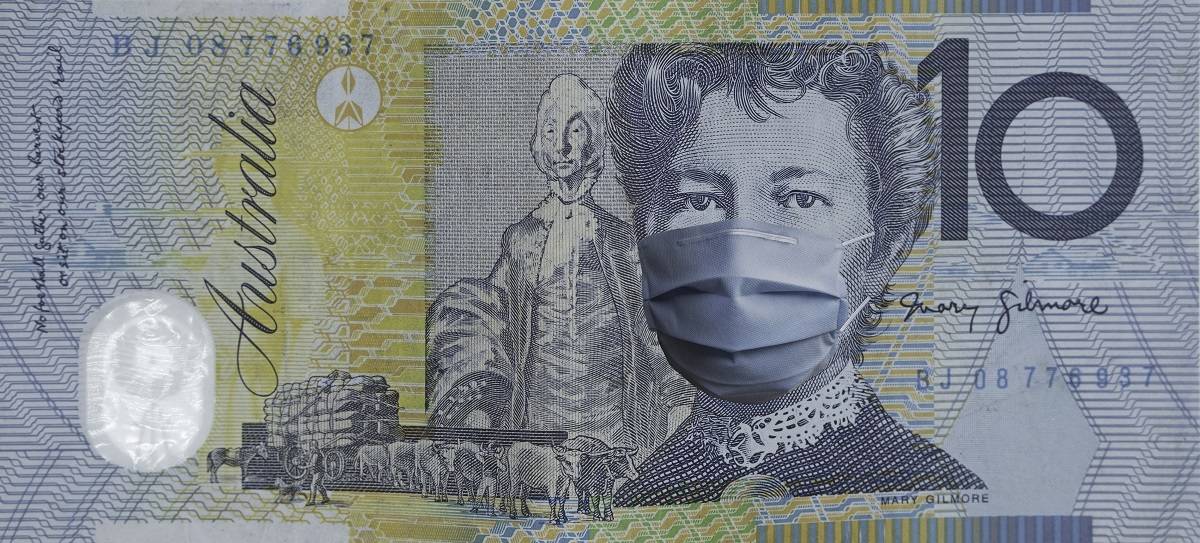 Australian Ten Dollar Note with a face mask on Dame Mary Gilmore 