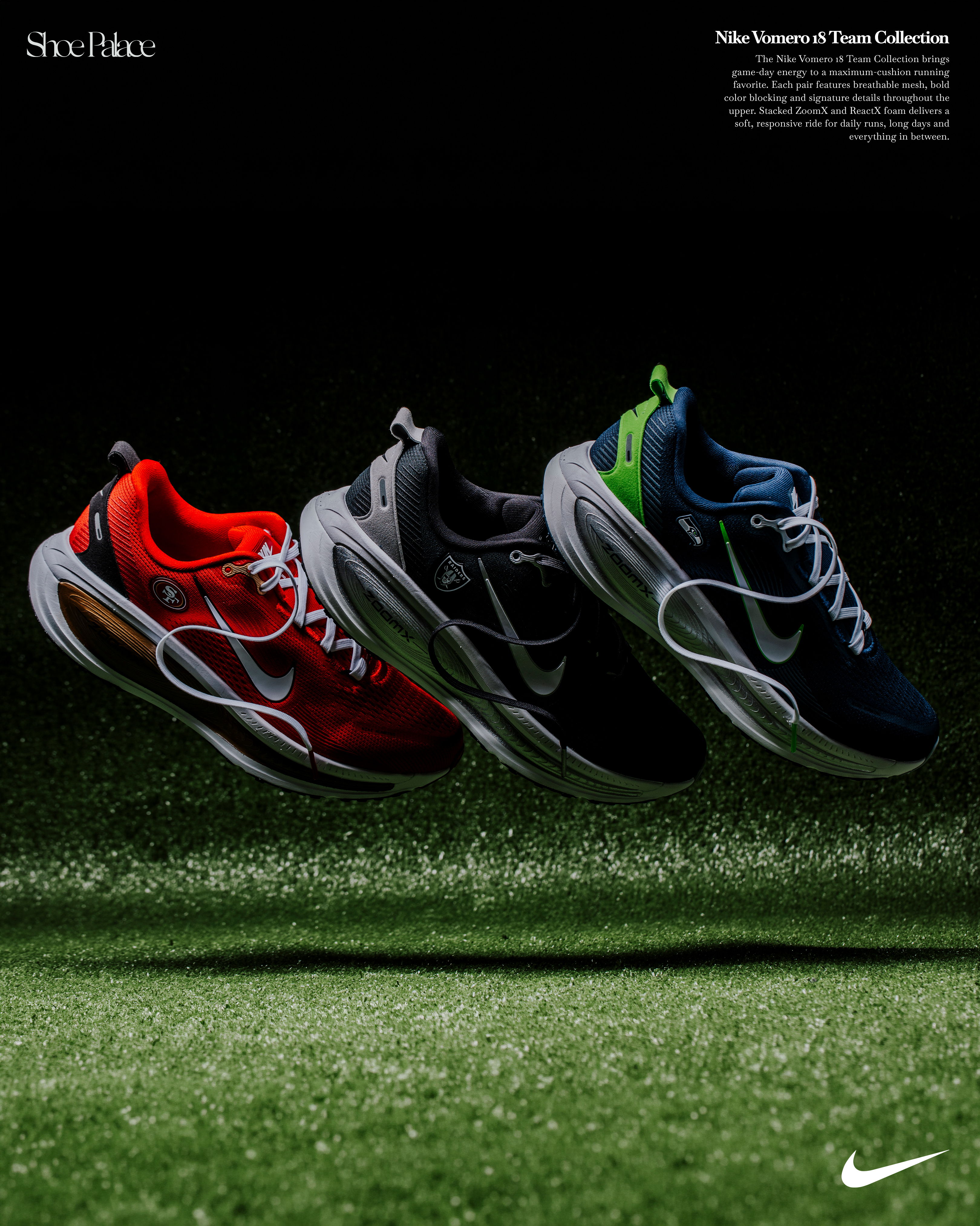 Three pairs of Nike shoes in red, black, and blue on a green background.