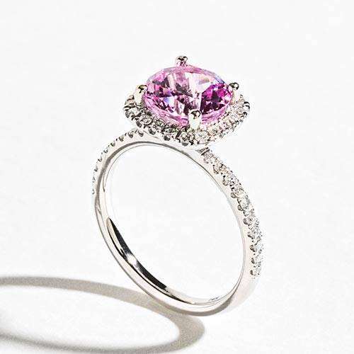 Halo engagement ring with pink sapphire lab created gemstone by MiaDonna