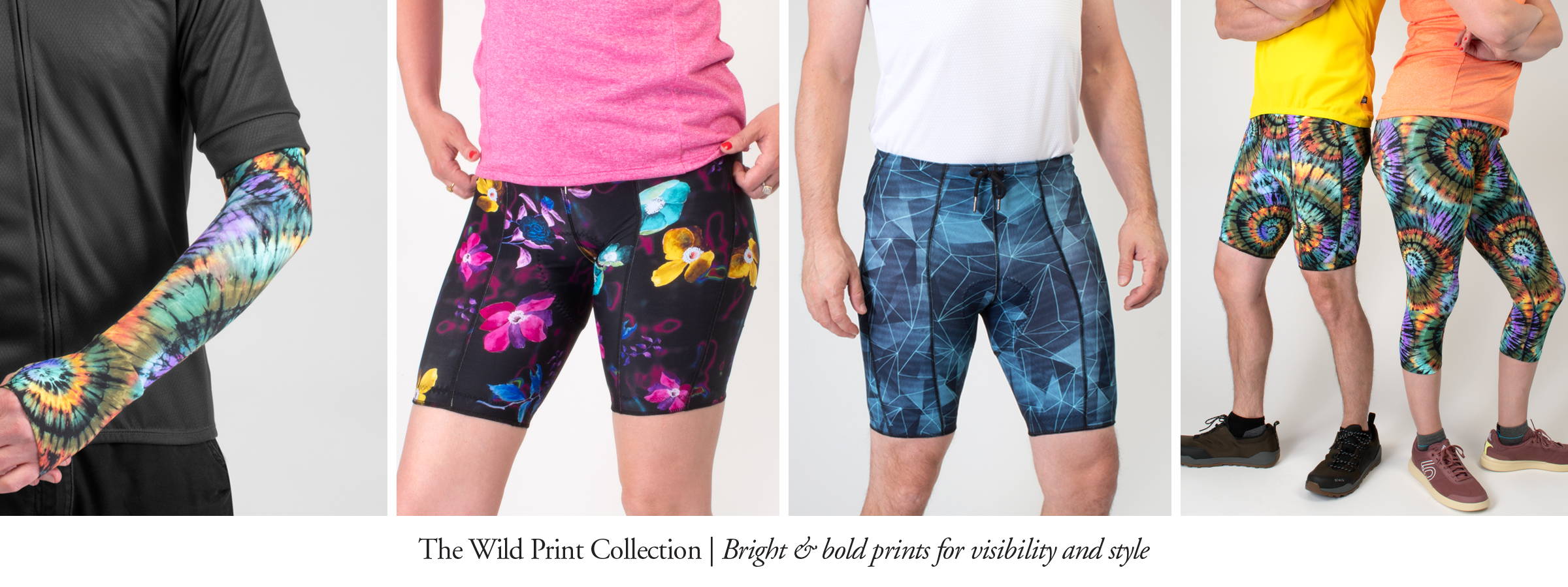 Wild Print Cycling Apparel Collection, Sun Sleeves, bike shorts, women's capris, and tights