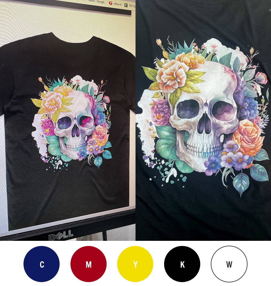CMYK process screen printed design screen printed design of a skull surrounded by decorative flowers and leaves on a black shirt shown as a digital mockup on a computer screen next to a finished print on a black tshirt. The predominantly white and grey skull is shown cropped and inverted surrounded by sections of flowers and leaves. The artwork has been illustrated in a realism style with detailed shading and gradients creating a dimension and depth. The colours used to create the print are shown below on corresponding coloured circles. Cyan, Magenta, Yellow, K for Black, and an additional spot colour of white.