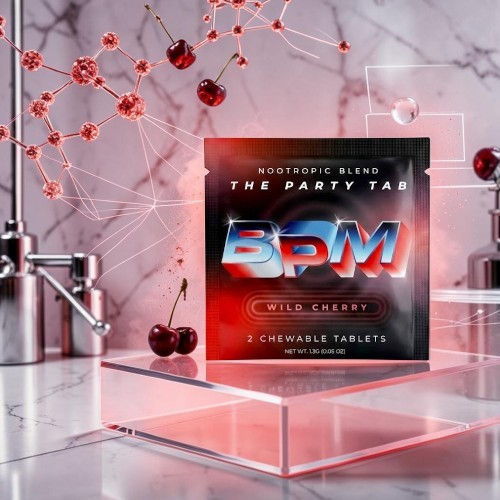 Packaging of BPM party tablets on a marble surface with cherries.