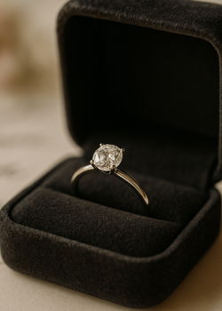 Close-up of a solitaire diamond engagement ring displayed in an open black velvet ring box for proposal moment