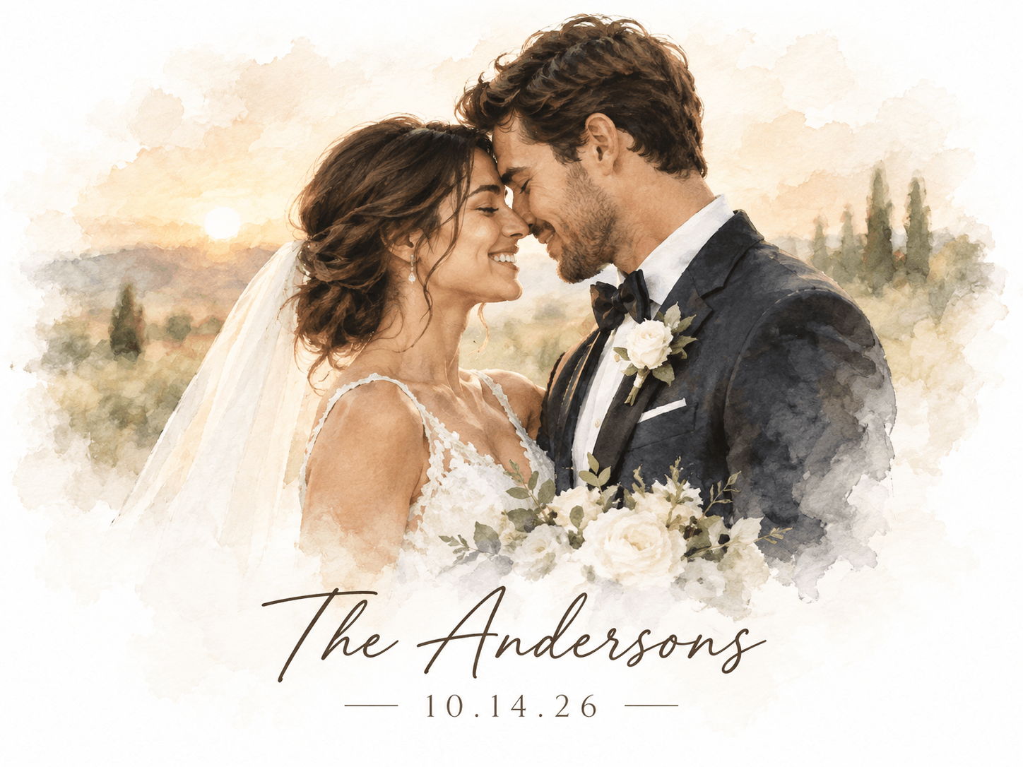 Bride and groom embracing with floral bouquet and wedding date, 