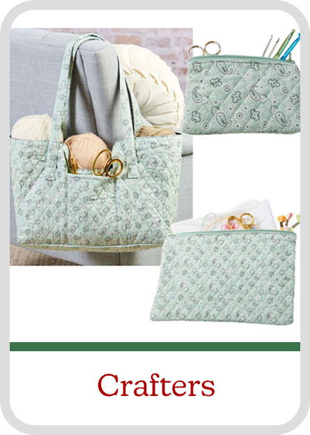 Quilted bag and pouch for crafters, filled with yarn and tools. Gift Category: Crafters