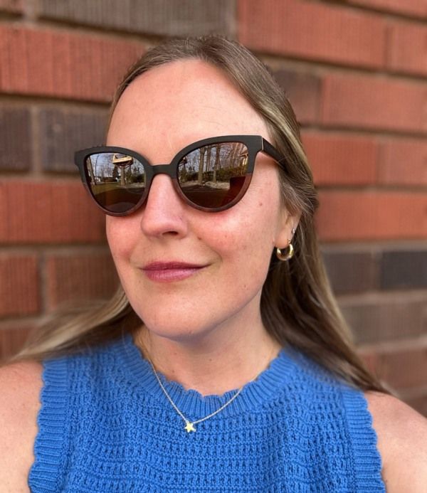 blonde woman with oblong face shape wearing Ivy cat eye sunglasses