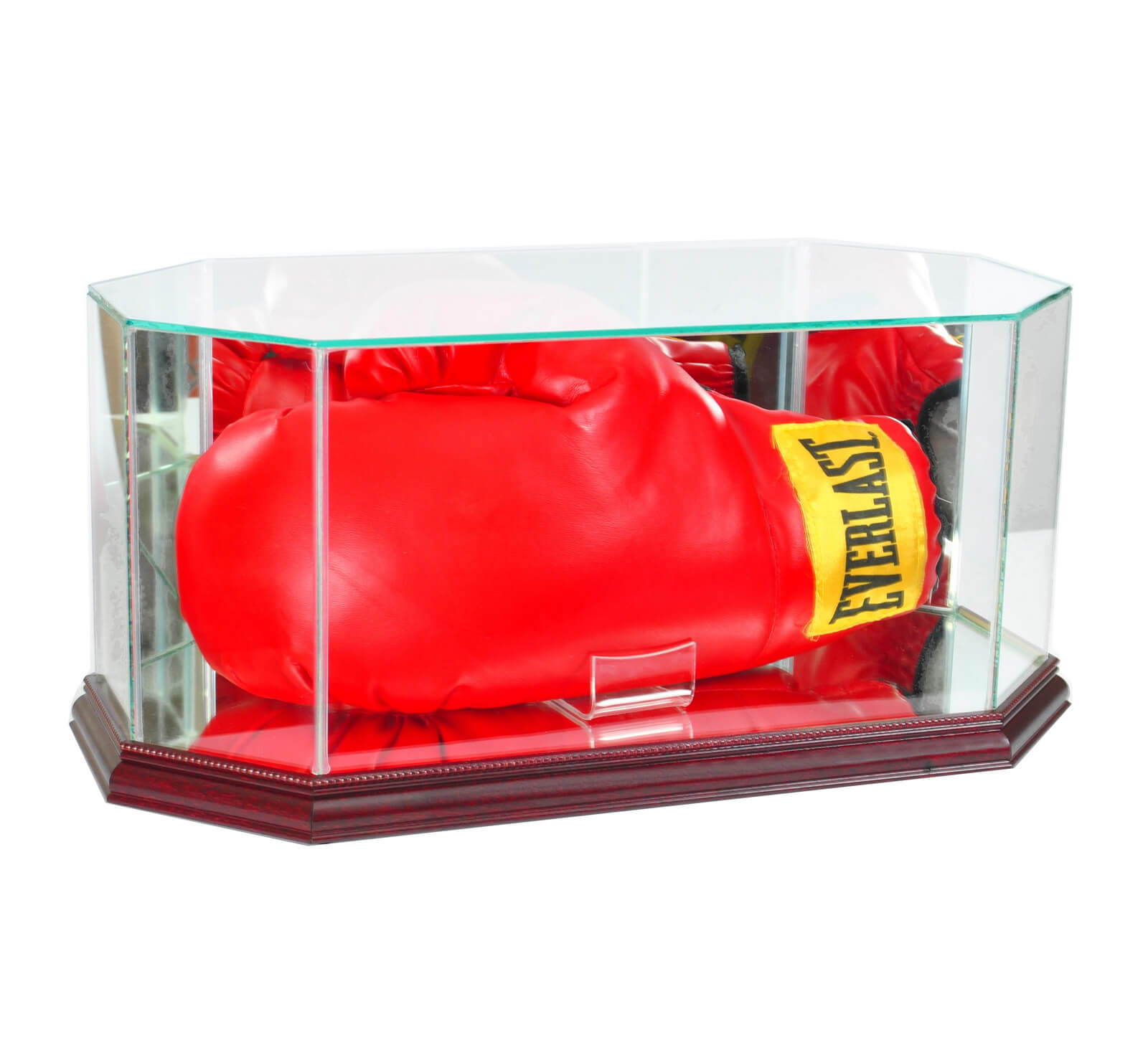 Red boxing glove displayed in a glass case with a wooden base.