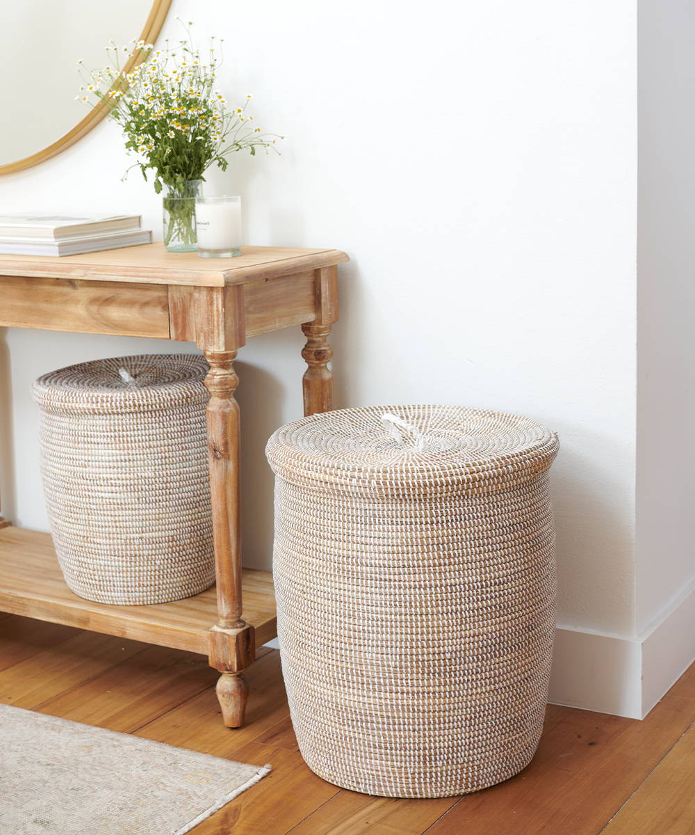 White lidded hampers in entryway | The Little Market