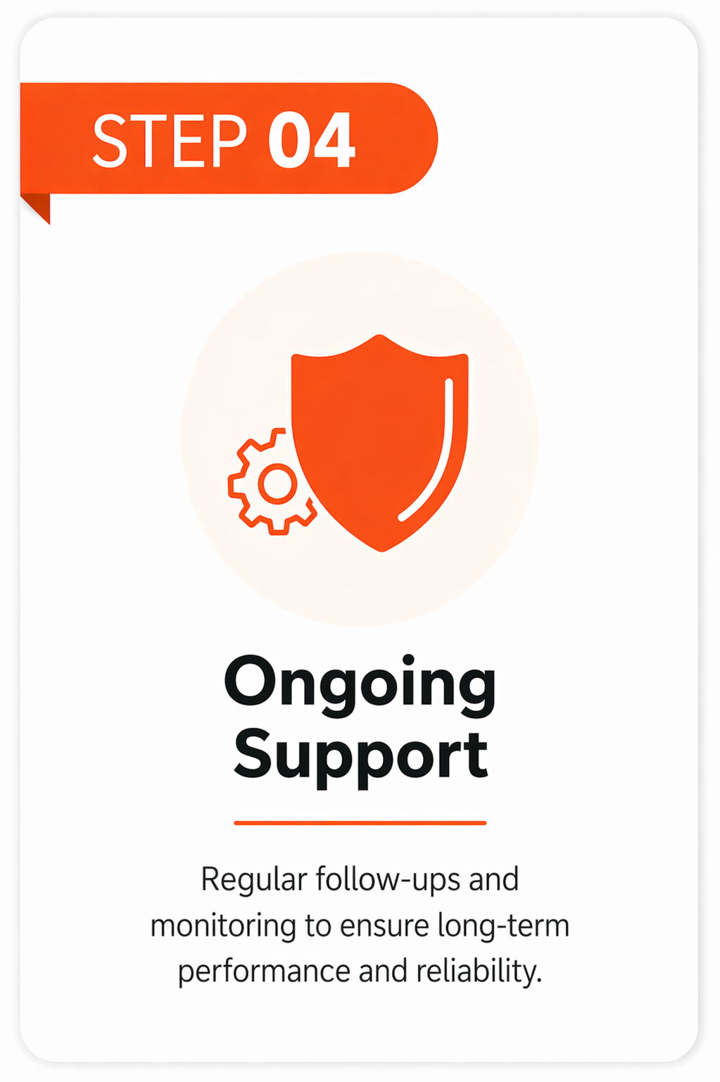 Step 04: Ongoing Support. Regular follow-ups for long-term performance and reliability.