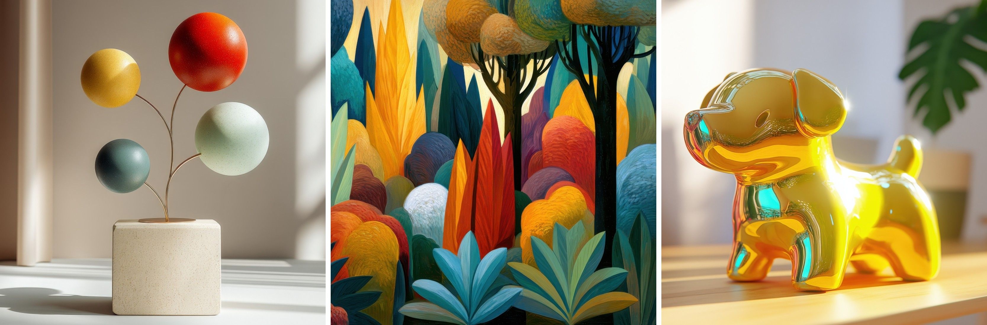 Three artistic objects: a vase with spheres, a colorful landscape painting, and a dog sculpture.