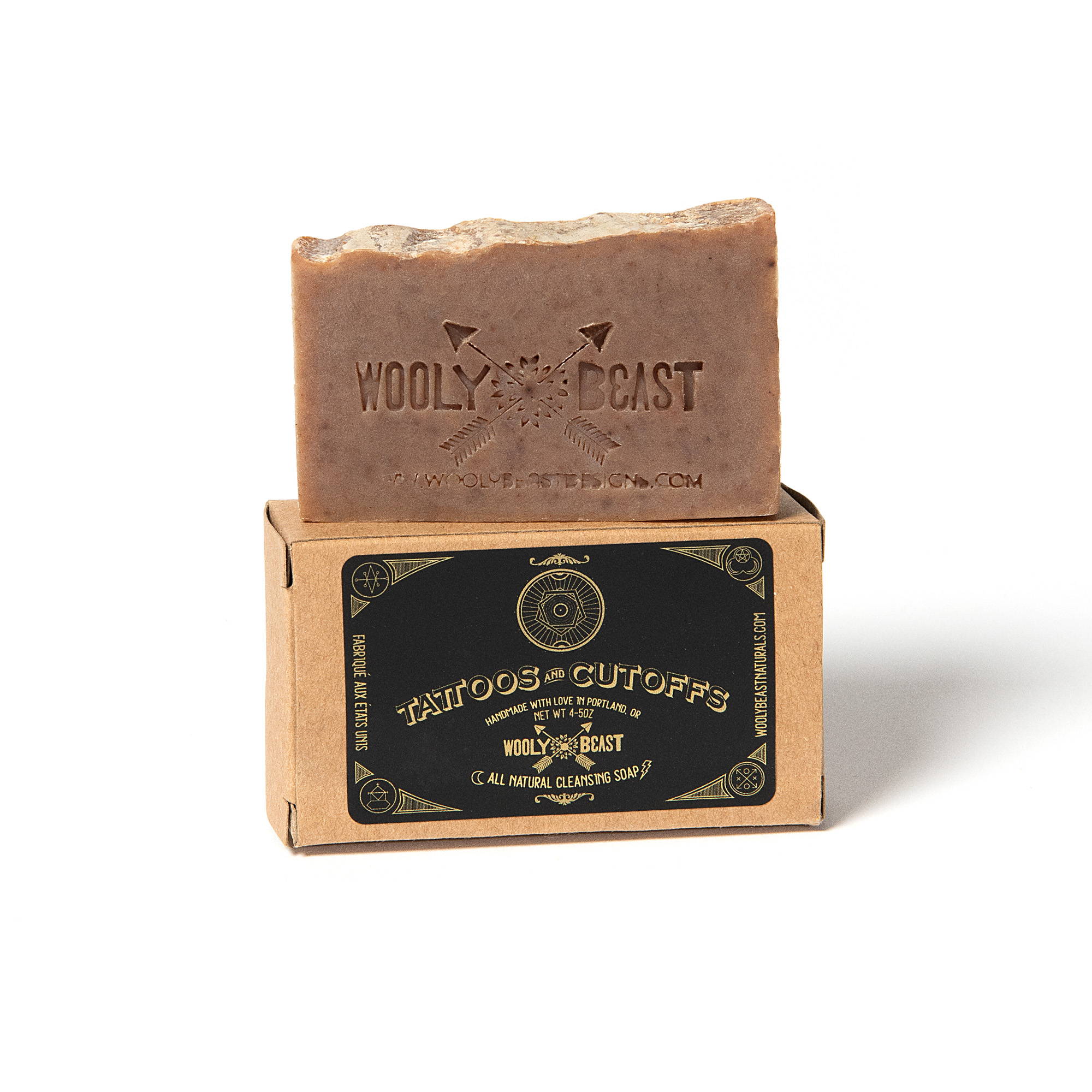 Tattoos and Cutoffs Cold Process Soap by Wooly Beast on Kraft Paper box packaging on white background