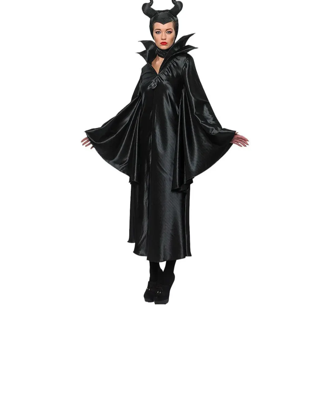 Woman wearing Disney Maleficent costume, red lipstick, black tights and shoes. 