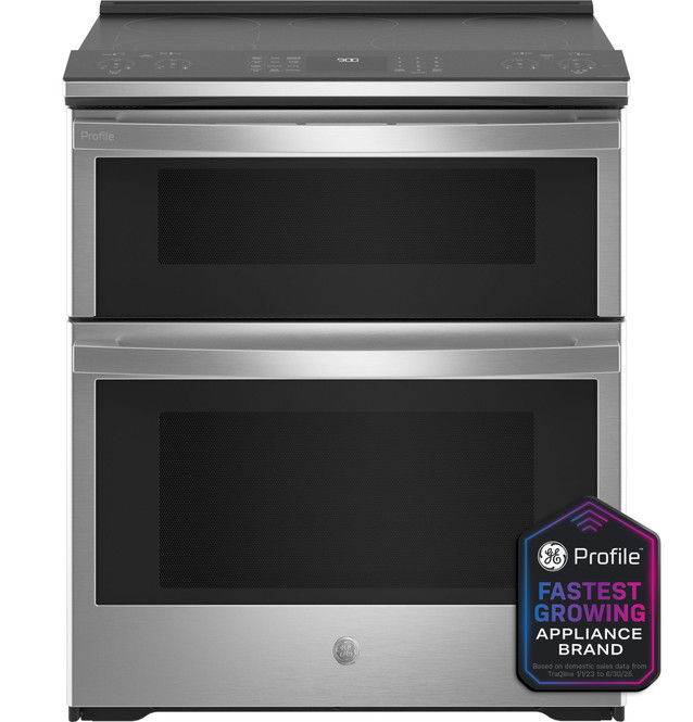A stainless steel oven with double oven design and appliance brand badge.