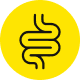 Yellow circle with a black stylized intestine illustration.