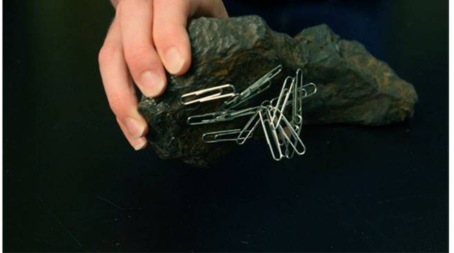 Ferrous paperclips are attracted to a piece of magnetite.
