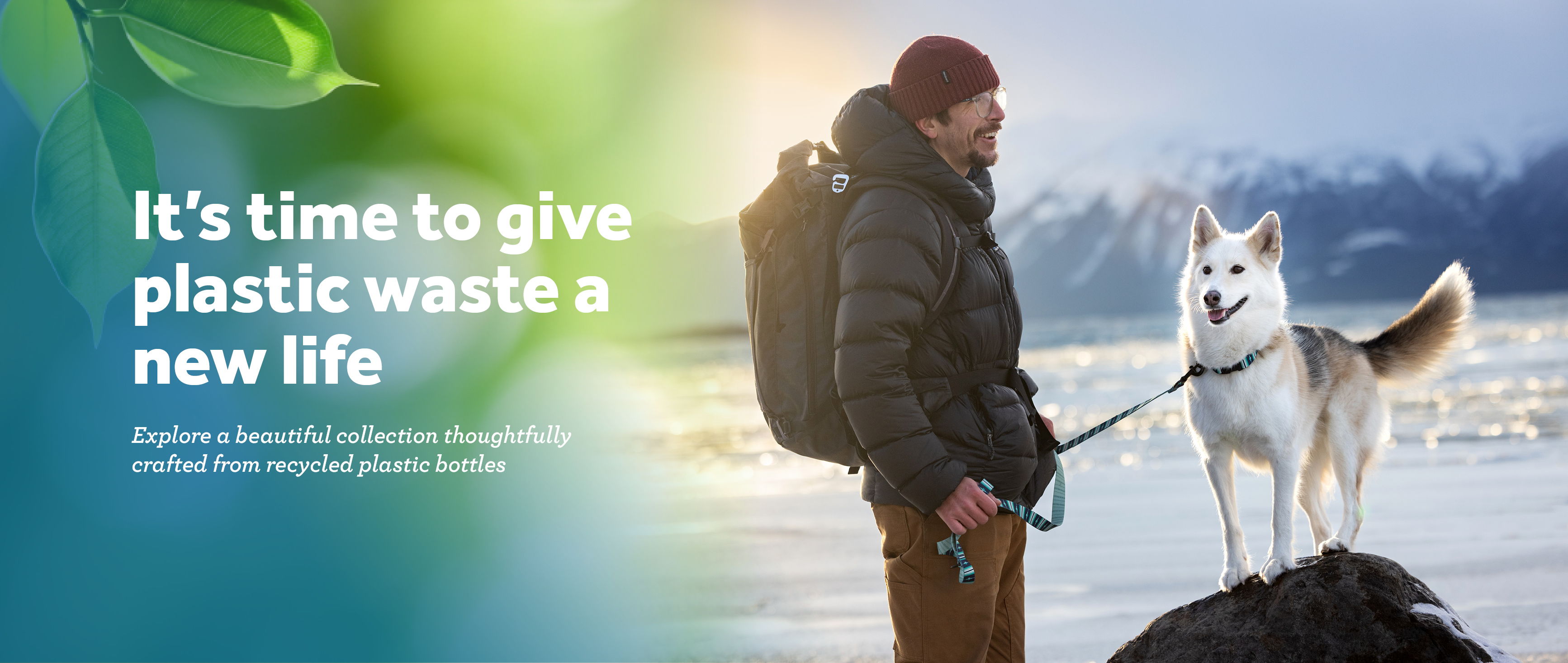 Person with a dog on a rocky surface, promoting plastic waste sustainability.