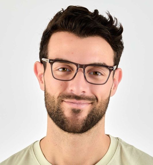 man wearing Grace Grey squared eyeglasses on a white background