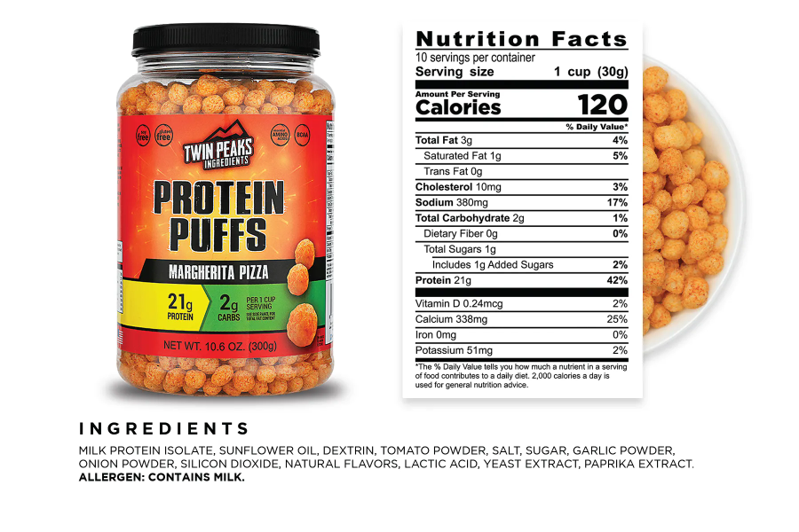 Margherita Pizza Protein Puffs Jug and Nutrition Facts