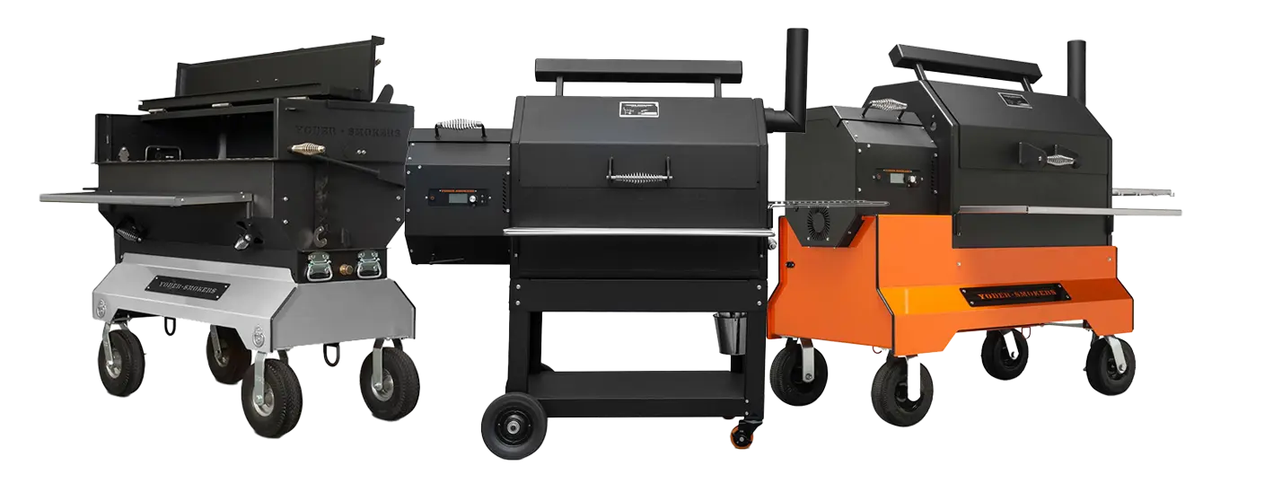 Three different models of outdoor grills displayed side by side.