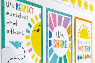 Bright and colorful classroom wall decorated with Happy Place classroom décor 