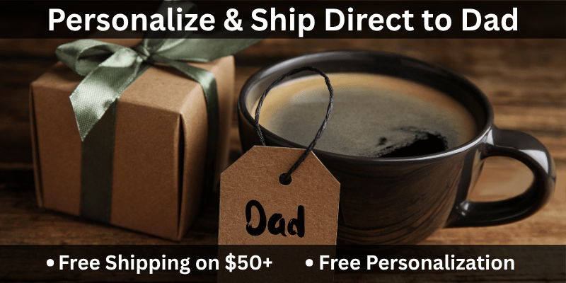 Tea cup with a 'Dad' tag and text about personalization and free shipping.