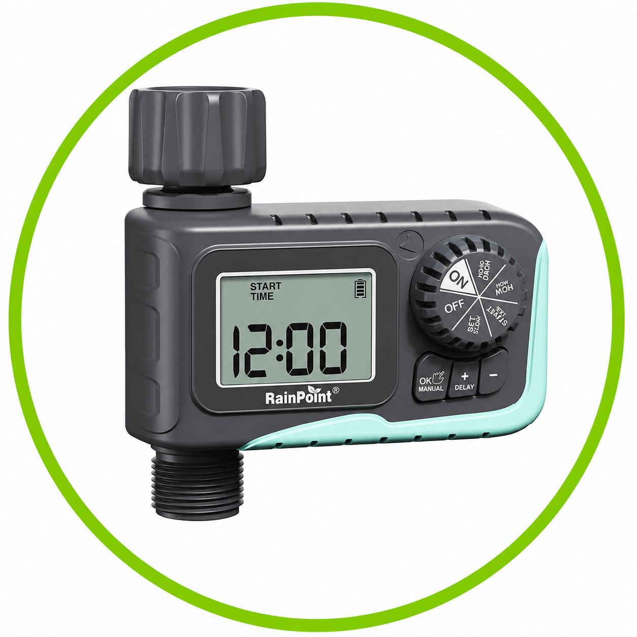 Digital irrigation timer with display and adjustable settings.