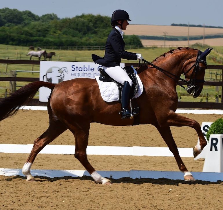 A rider in formal attire guiding a horse during a dressage event.