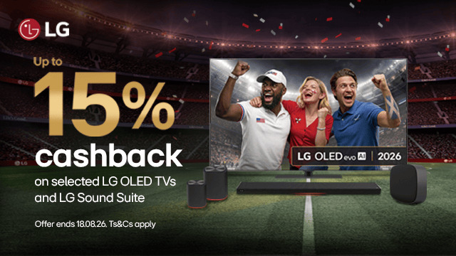 LG promotion featuring cashback on TVs and sound systems with excited fans.