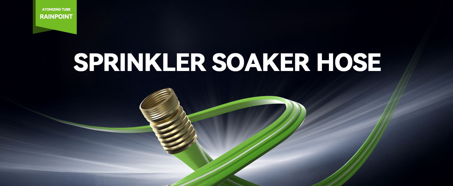 Sprinkler soaker hose with a green spiral design on a dark background.