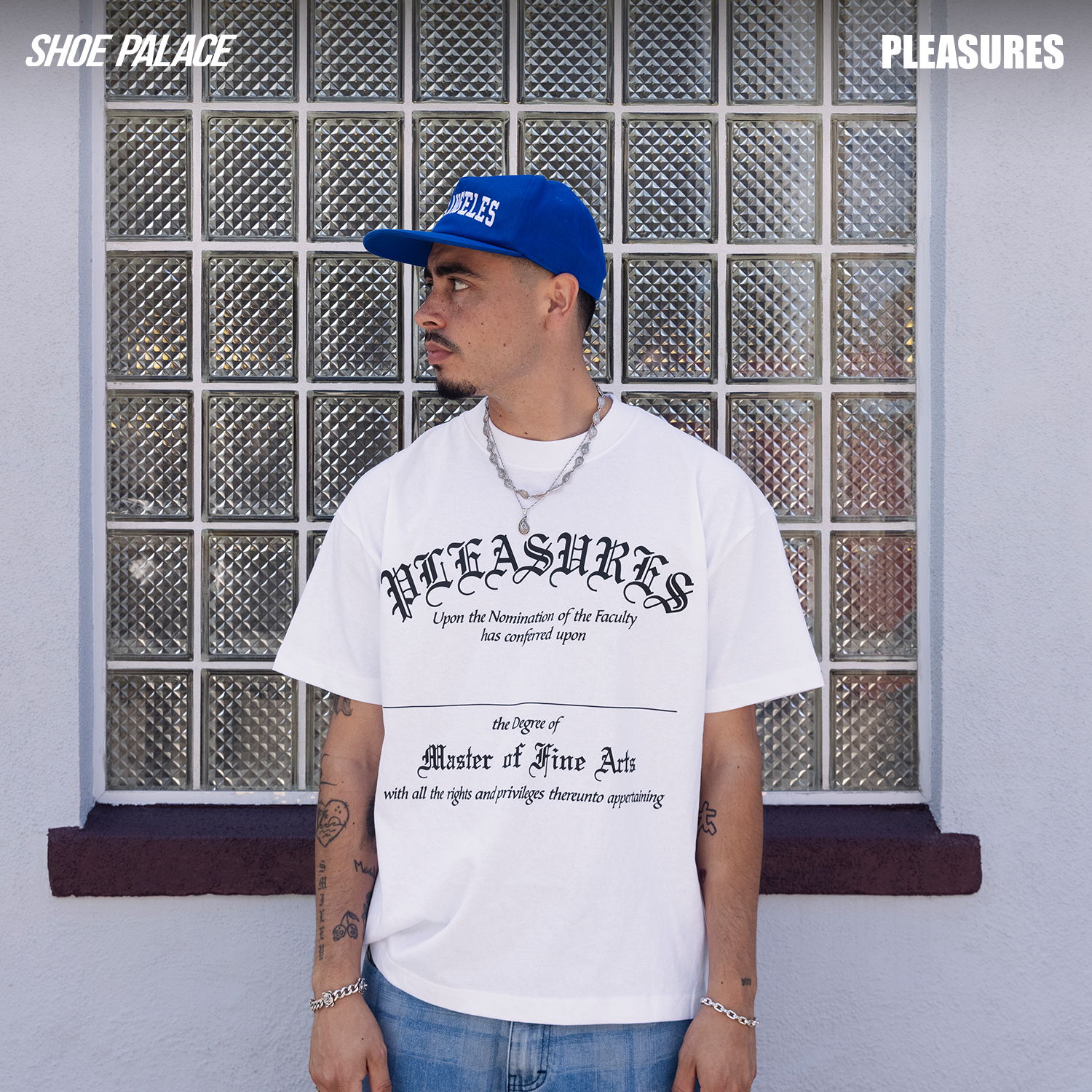 Person wearing a white shirt and blue cap, standing by a window.