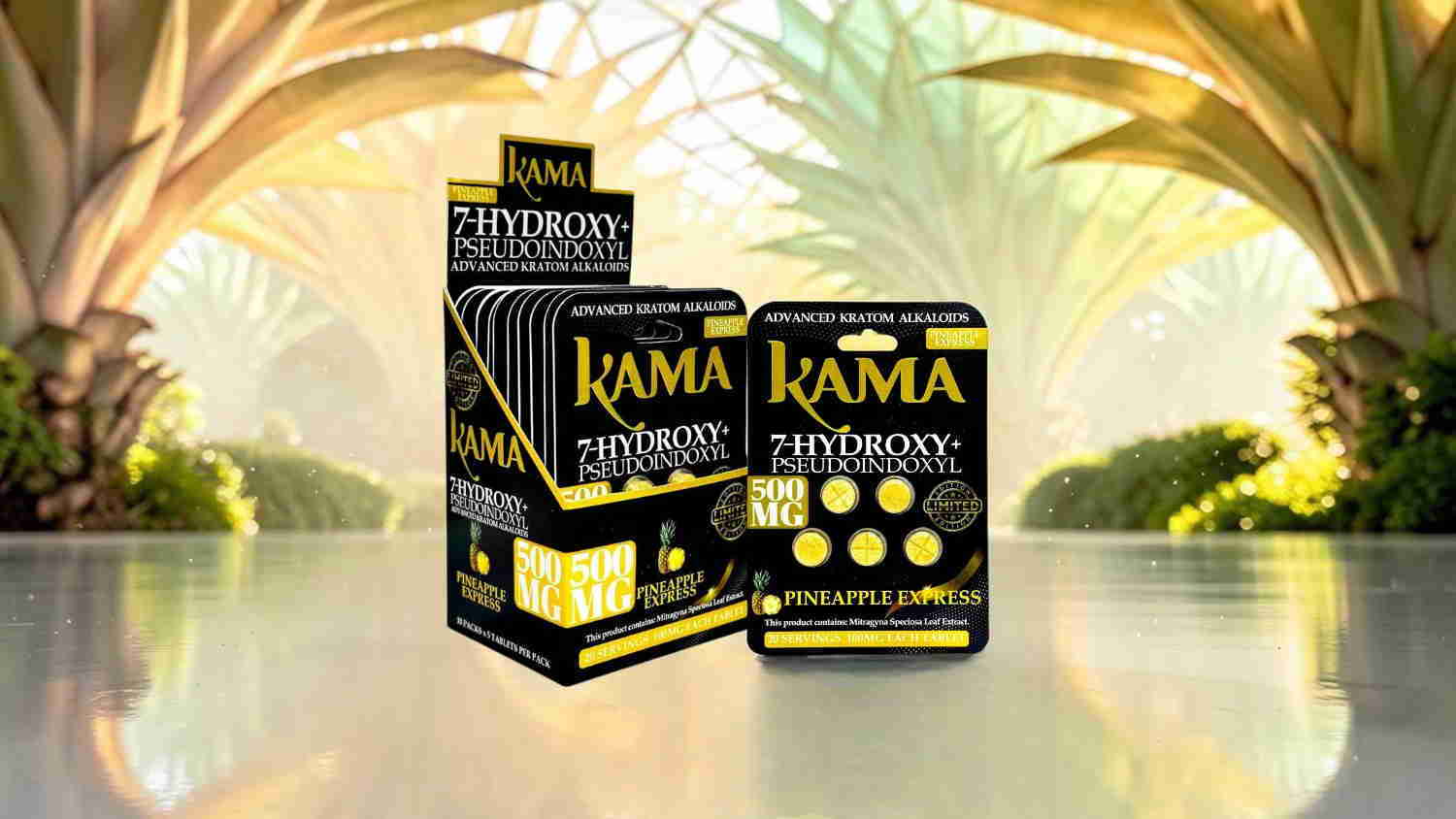 Kama product packaging displayed on a reflective surface with a tropical background.