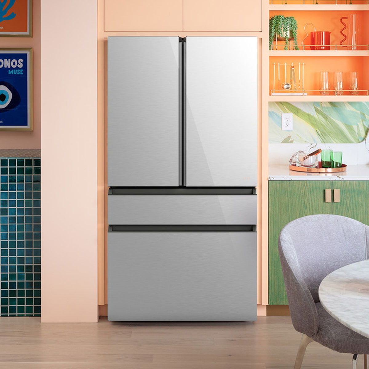 Modern Glass refrigerator in a vibrant kitchen setting.