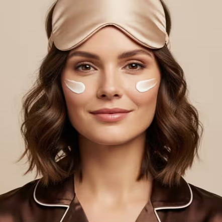 Woman wearing a sleep mask and a dark satin outfit, smiling.