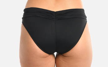 Back image, close-up of model wearing black shirred band hipster swimsuit bottoms.