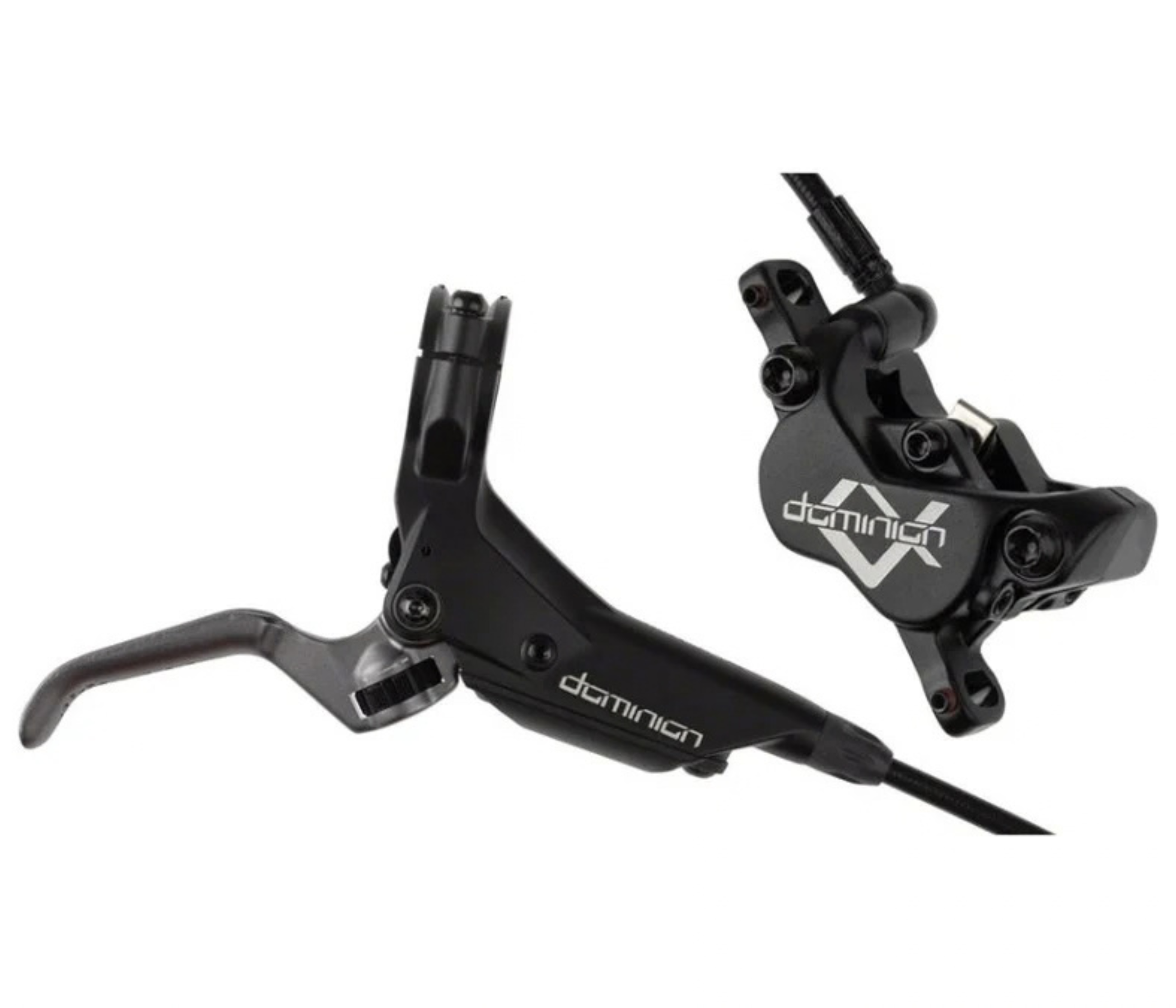 Bicycle brake lever and caliper assembly in black.