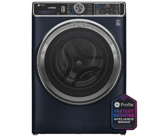 Front view of a modern dark blue washing machine.