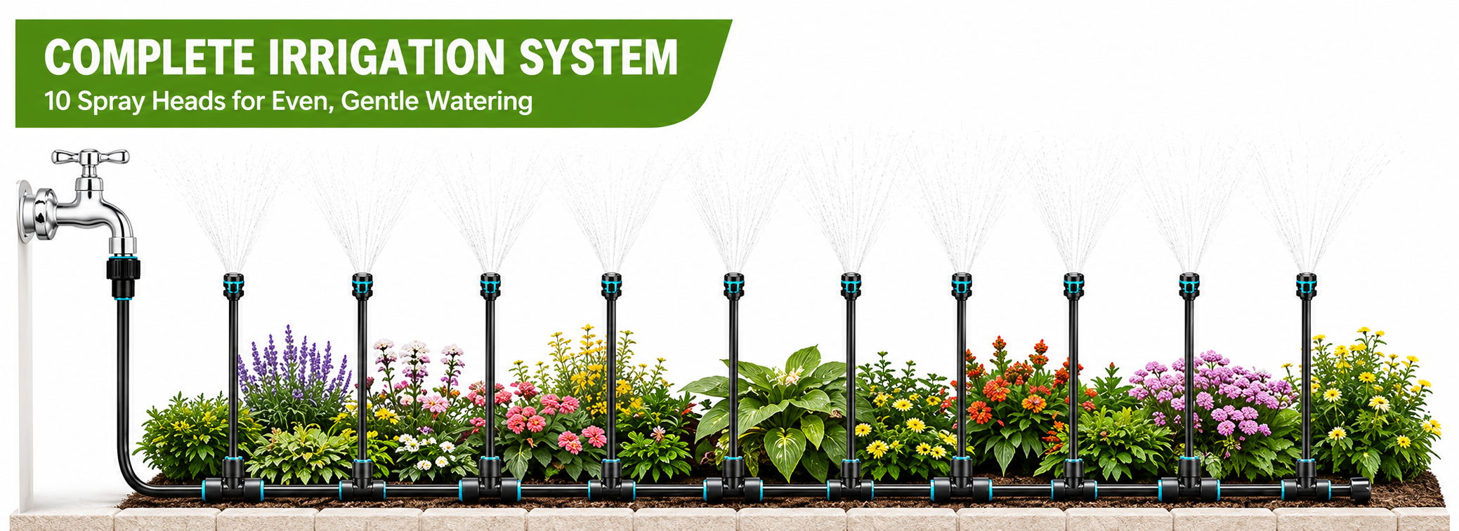 Complete irrigation system with flowers and plants in a garden.