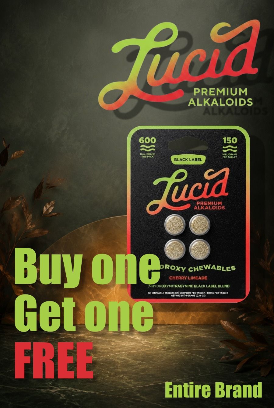 Lucid premium alkaloids advertisement featuring a buy one get one free offer.