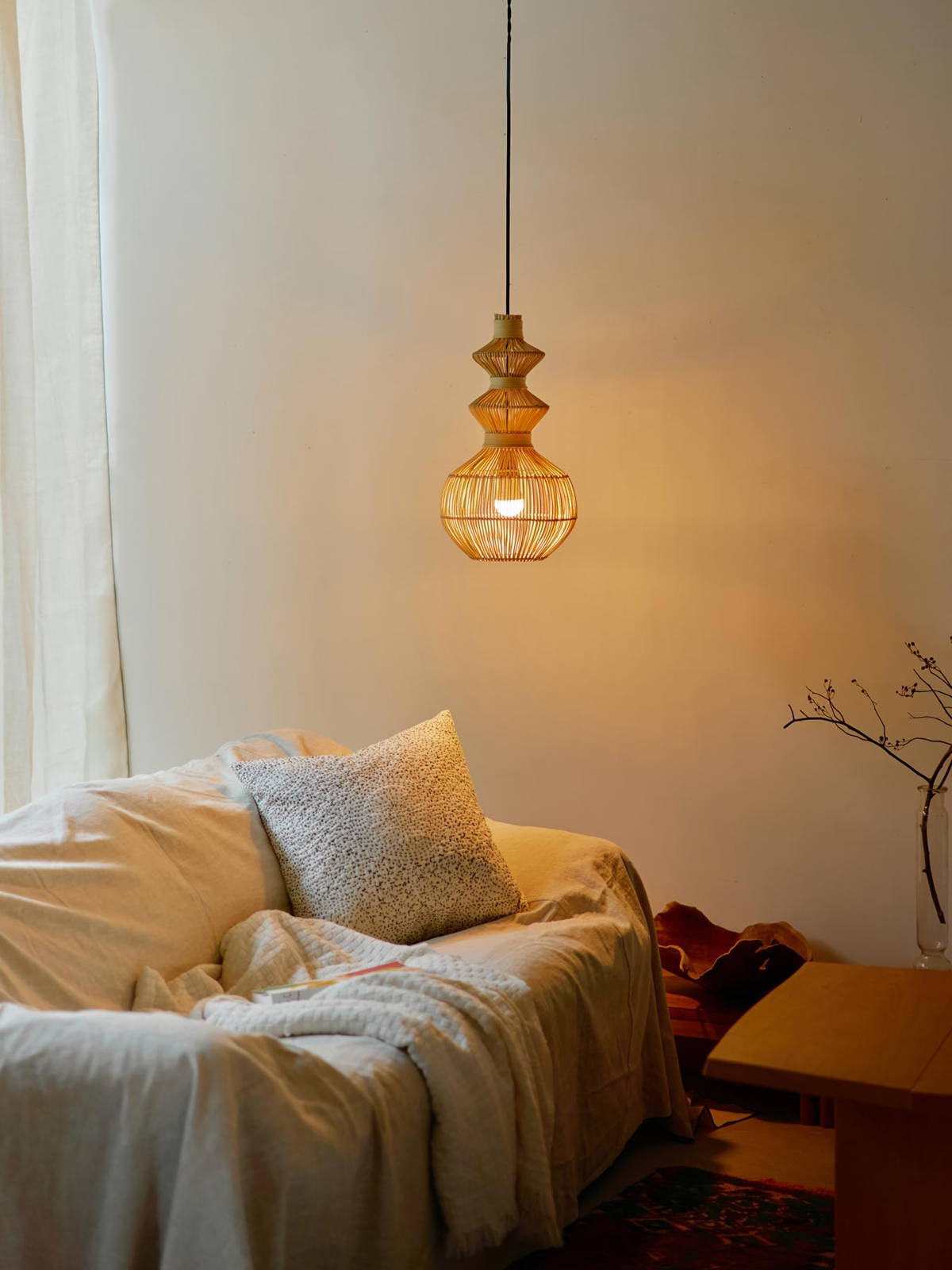 Cozy living room with a pendant light and a comfortable sofa.