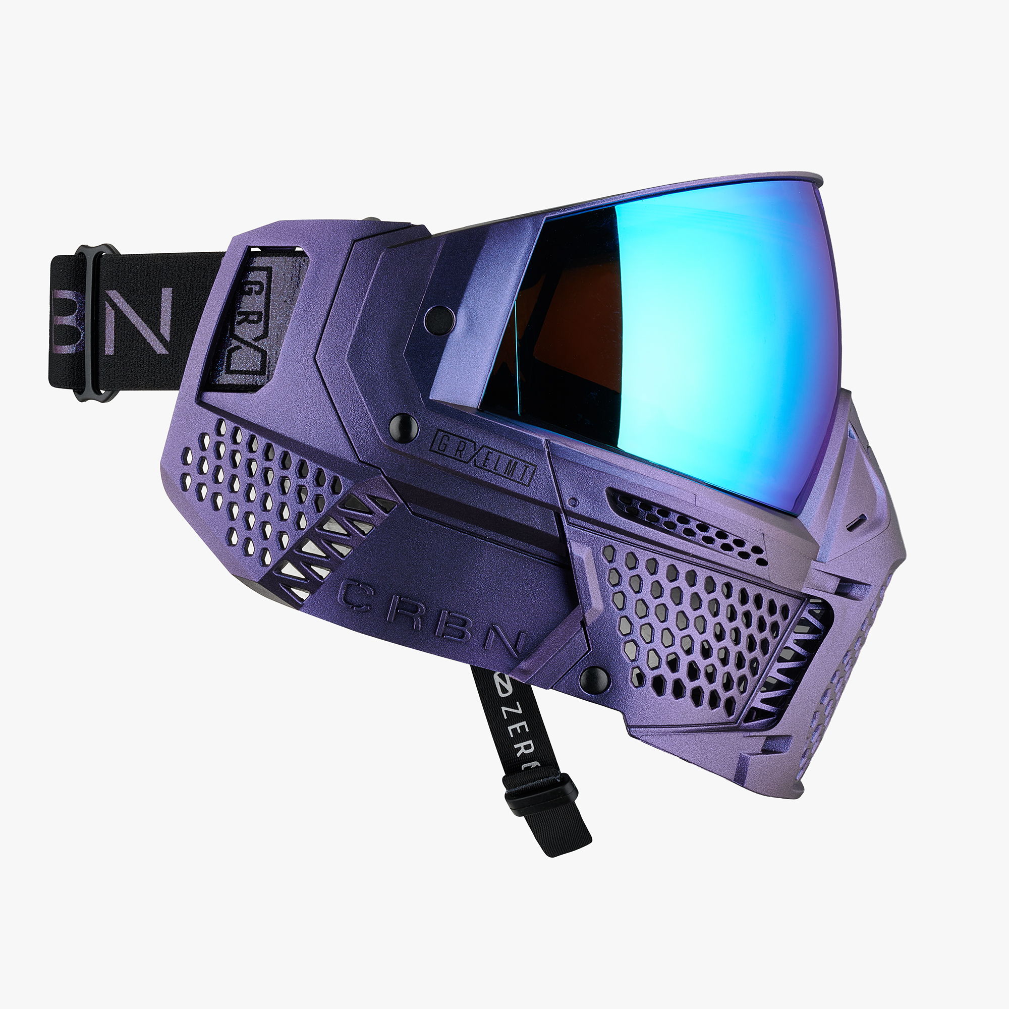 Paintball mask with reflective blue lens and adjustable strap.