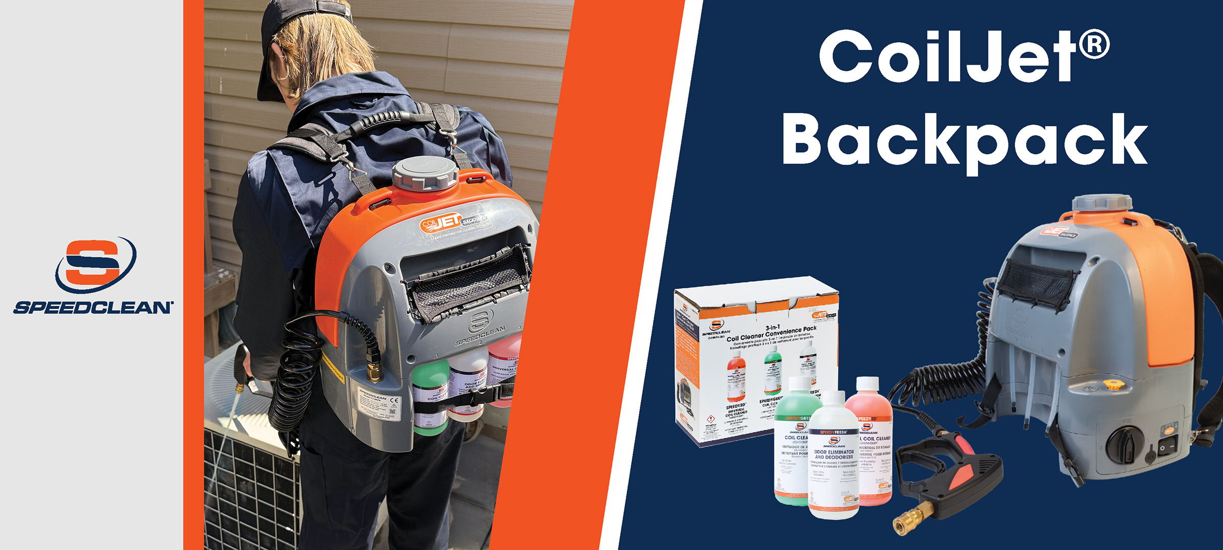 SpeedClean CoilJet backpack portable coil cleaning system with accessories.