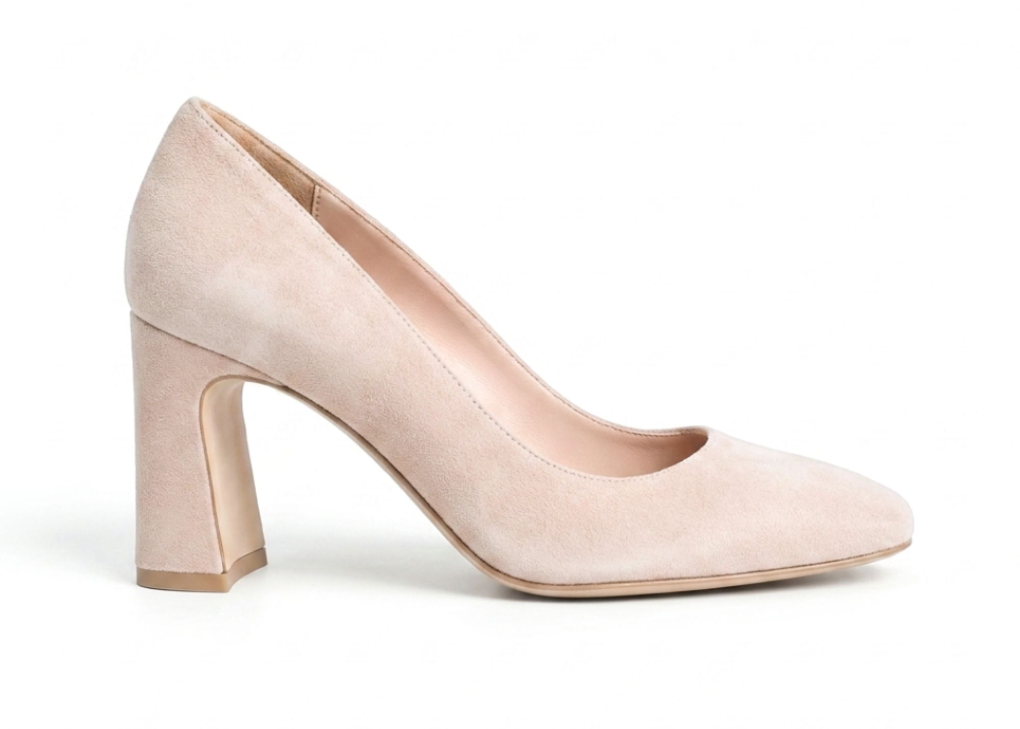 A beige high-heeled shoe with a chunky heel.