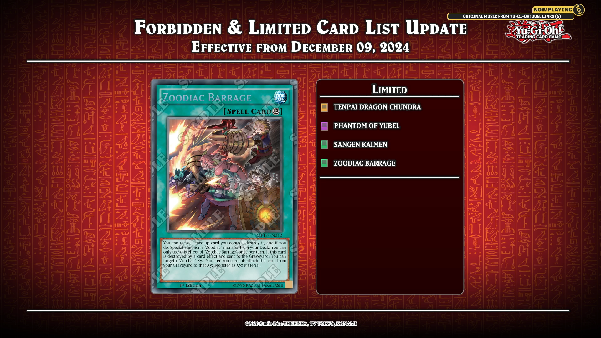 Forbidden and Limited Card List Update effective December 2023 with card image.