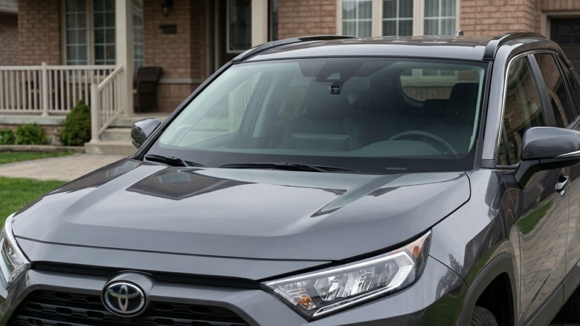 A gray Toyota SUV parked in front of a house.